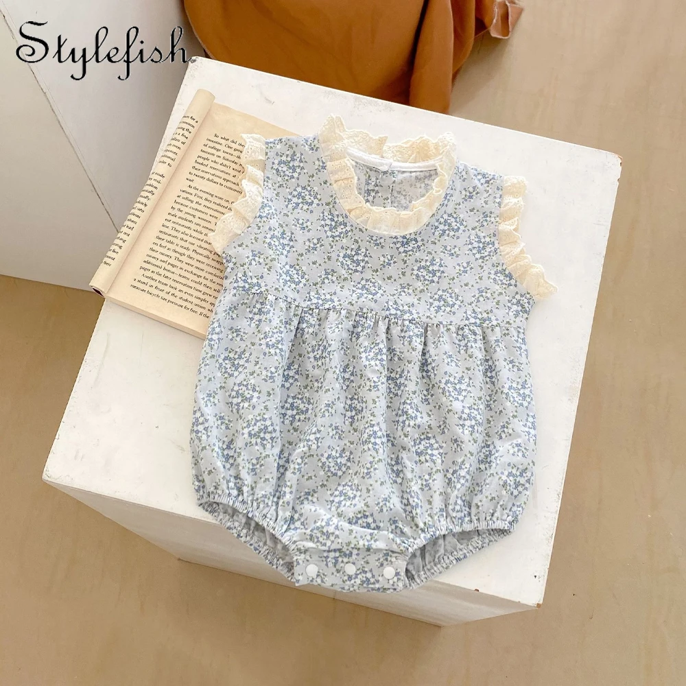 Summer New Girl Sweetheart Pure Cotton Small Fragmented Flower Climbing Clothes with Auricularia Lace Collar Triangle jumpsuit