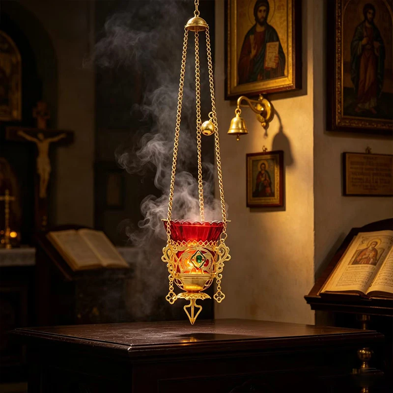 Encensoir suspendu catholique orthodoxe plaqué or avec sculptures en filigrane et pierre précieuse vert émeraude pour l'église, la maison, l'autel, ou comme cadeau de dévotion