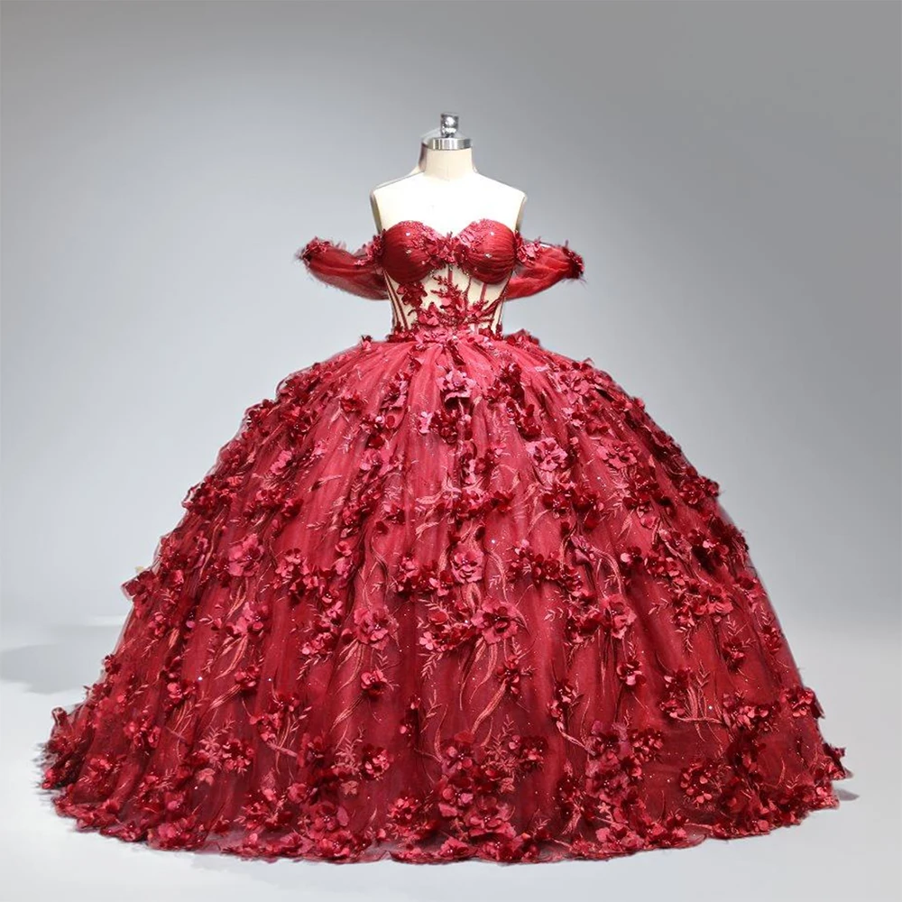 Red Shinning Quinceanera Dresses Ball Gown 3D Flowers Appliques Beading Corset Princess Dress Wc013