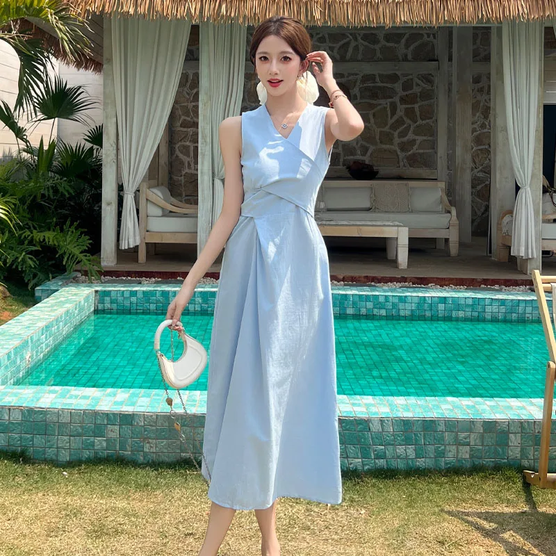 한국 패션 우아한 단색 여성용 V넥 크로스 타이 튜닉 고급 드레스 여름 캐주얼 휴가 베스트 롱 드레스