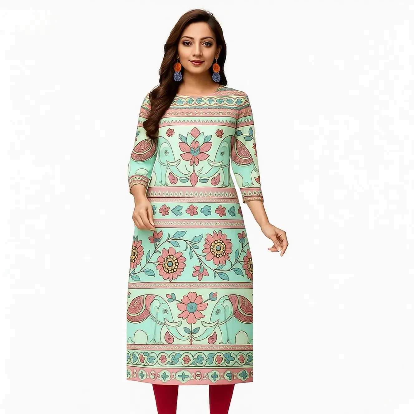 Kurt Women's fashionable and comfortable Kurt dress long sleeved straight tube casual ethnic round neck regular size new item