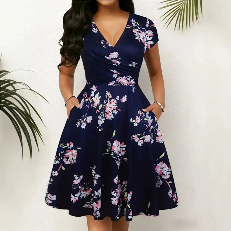

Retro Printed Women's Mini Dress Summer Fashion V-neck Casual High Waisted Dresses Ladies Short Sleeved Vestidos With Pocket