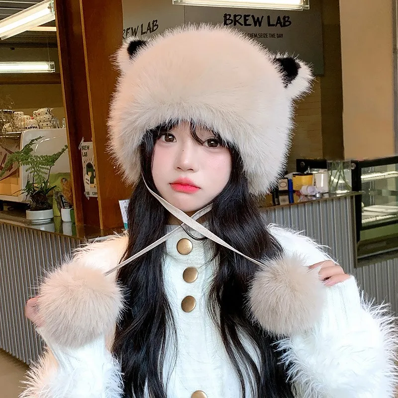 

A cute and warm plush hat for women little bear with fluffy ball ears small ear-protecting that keeps the face brightens it