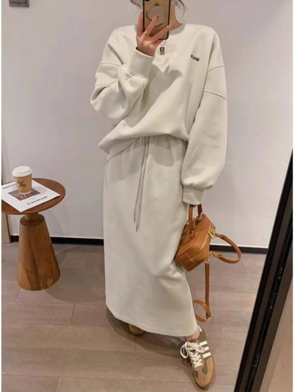 Korean Style Lazy Sporty Commute Early Spring High-End round Neck Sweatshirt Skirt Two-Piece Set Breathable Lightweight Long ...