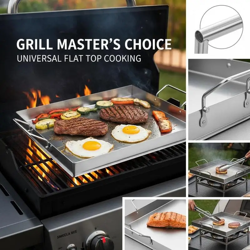 Universal Flat Top Griddle 18x16 Inch For Camping Tailgating Party, Rectangular Hot Plate Family Cookware Built-in Handles Gas Grill Attachment Teppanyaki Surface Outdoor Cooking Pan view 6