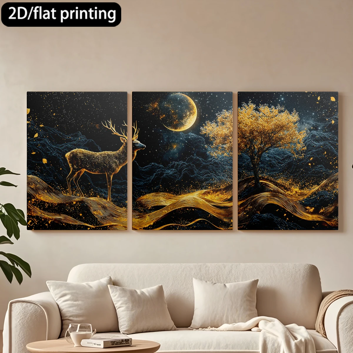 

Набор из 3 картин на холсте в деревянной раме: Величественный олень, сияющая луна, дерево. Декор для коридора и спальни.