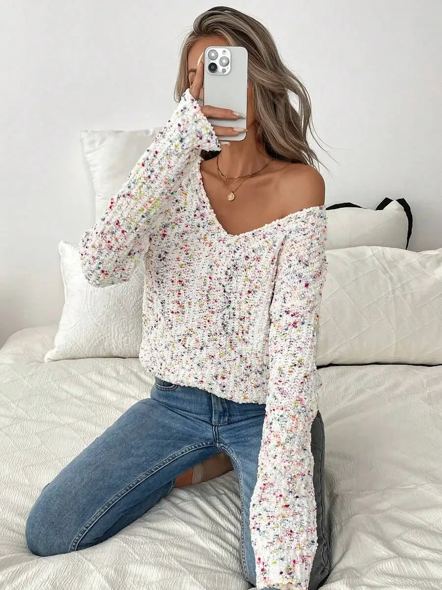 V-Neck Colorful Confetti Knit Pullover Sweater - Loose Fit Long Sleeve Casual Top