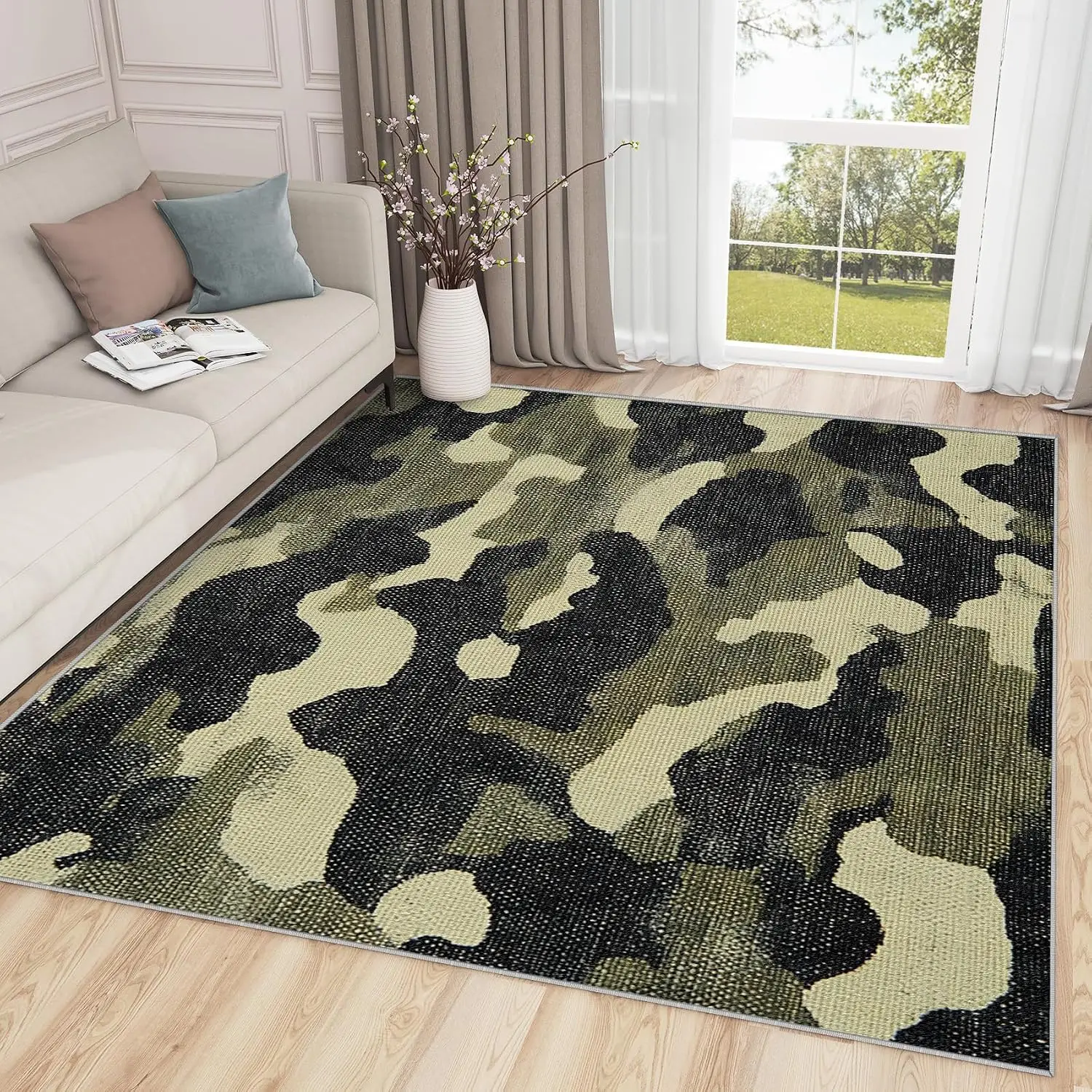 Large Green Army Military Camouflage Abstract Art Area Rug Washable Non Slip Carpet for Boys Bedroom Living Room Home Decor