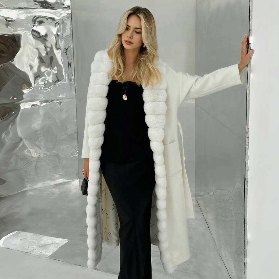 Cappotti di lana bianchi per donna Cappotto di cashmere con collo di pelliccia di coniglio Cappotto di lana invernale di nuova moda di fascia alta da donna