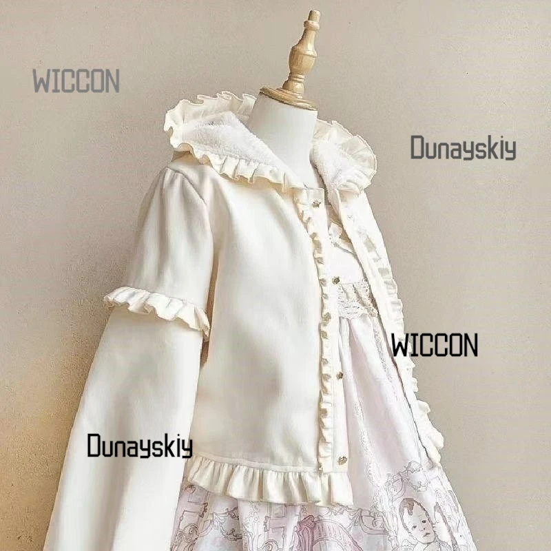

Короткая куртка, зимнее флисовое пальто в консервативном стиле, студенческая женская теплая кавайная толстовка с капюшоном в стиле Лолиты, милое толстое пальто с рюшами, милый плащ, толстовка