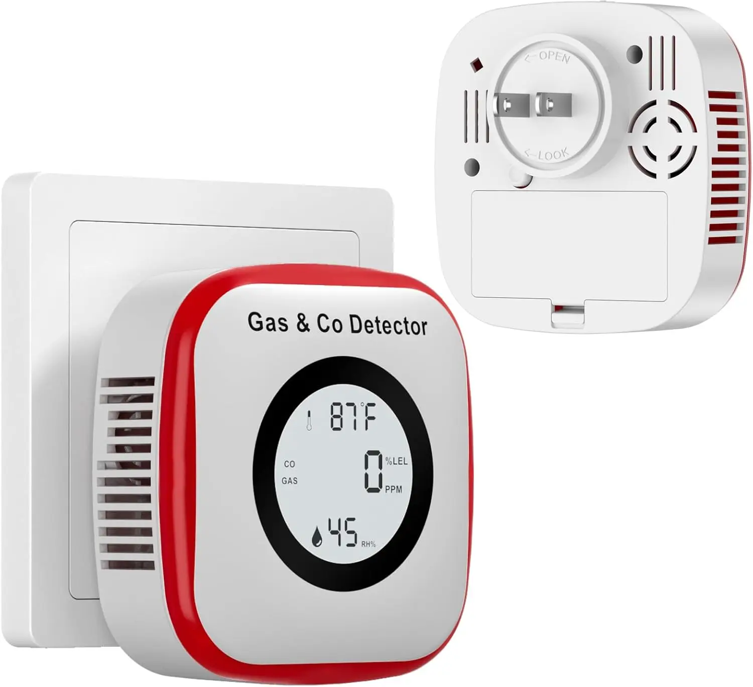 

5-in-1 CO & Gas Leak Detector with Temperature Humidity Sensor, Plug-in Battery Backup for Home Safety