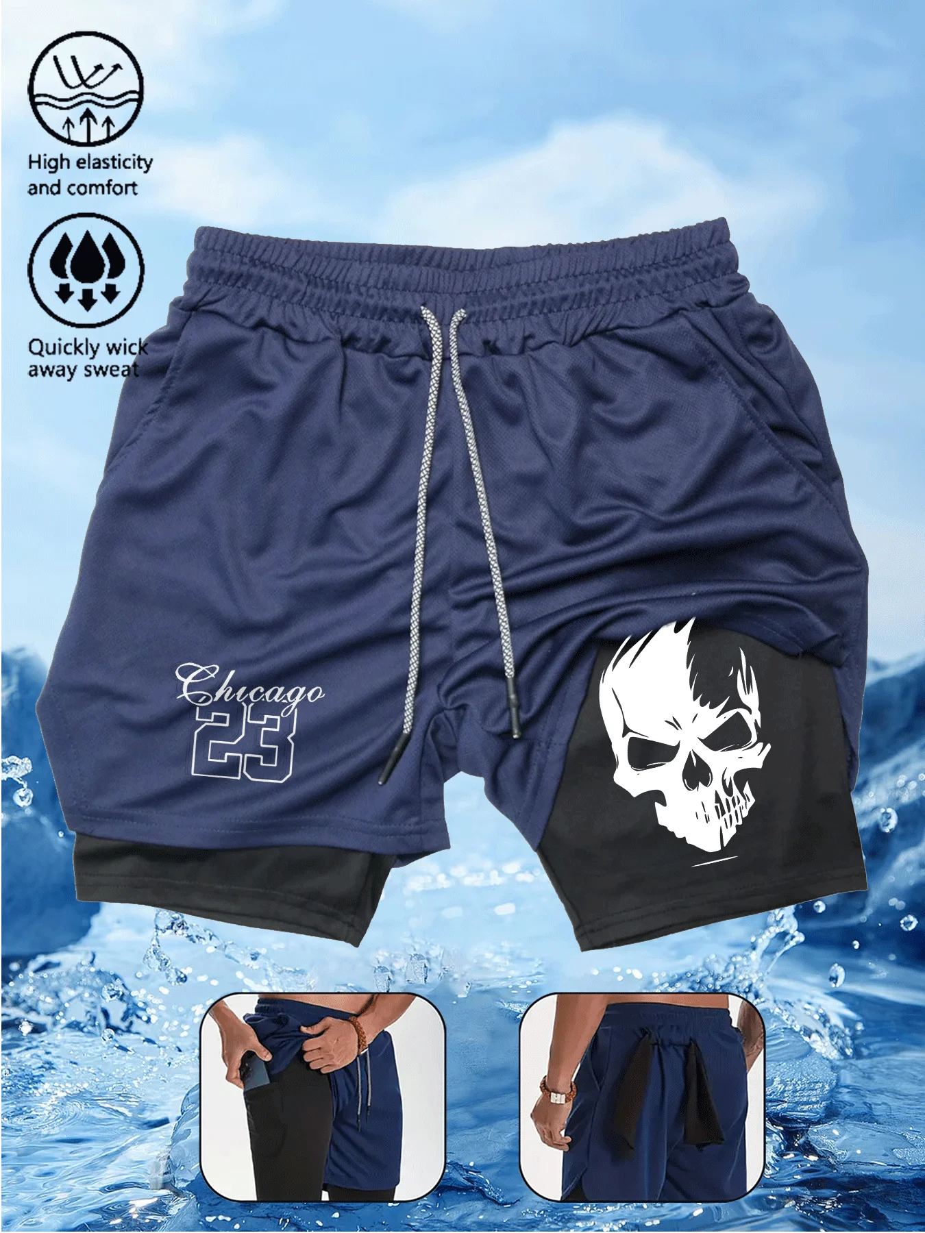 

Men's Double-Layer Fitness Shorts Loose Fit Adjustable Drawstring Waist Chicago 23 Graphic Print Gym Workouts Sports Shorts