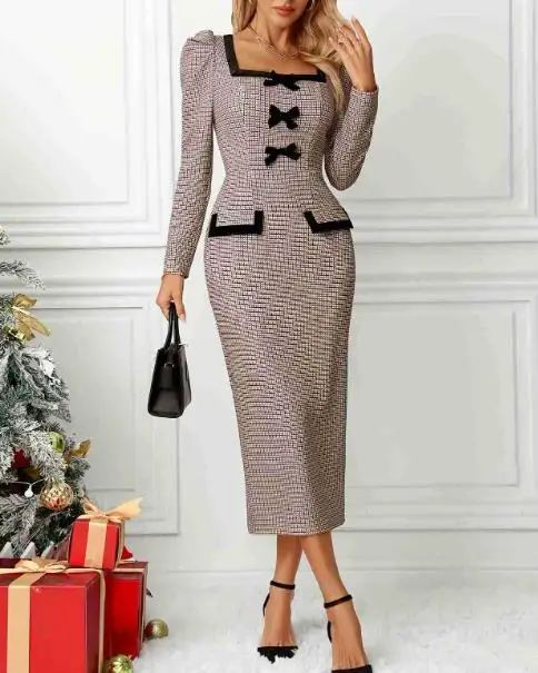 

High End, Long Sleeved, Sexy, Tight Fitting, Hip Hugging Skirt, Waistband, Plaid Elastic Knit Dress