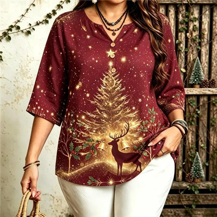 Plus Size Women Christmas Blouse 3/4 Sleeve Xmas Tree Deer Snowflake Print V‑Neck Half Button Tops