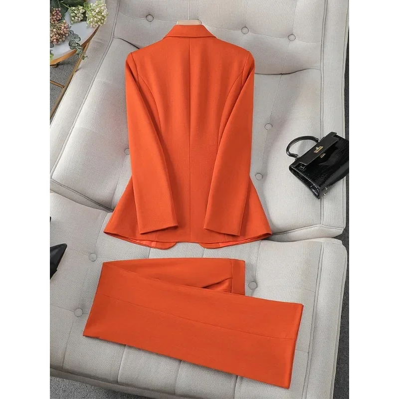 Ladies Formal Pant Suit Set Women Orange Pink Green Female Business Work Wear Long Sleeve 2 Piece Blazer Jacket And Trouser