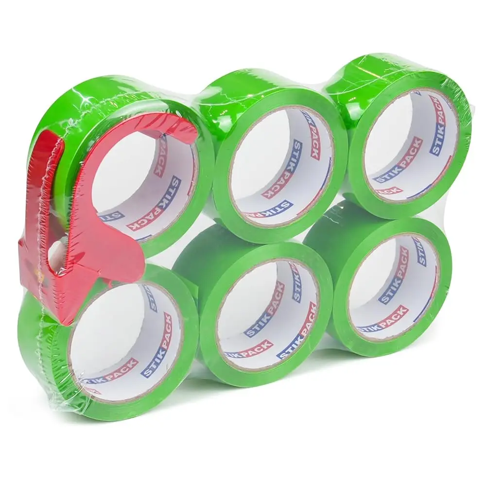 Green Packing Tape with Refillable Dispenser 6 Rolls x 1.88 inch x 55 Yards, Total 330Y, Ultra Strong Colorful Box Packaging