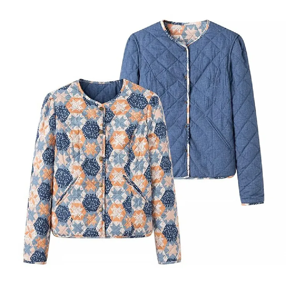 2024 Autumn Winter Blue Geometric Print Reversible Quilted Coat Women Covered Button Quilting Full Sleeve Warm Bomber Jacket