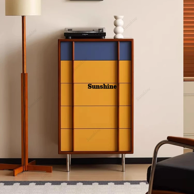 Medieval, color-matching solid wood chest of drawers, contrasting color drawers, living room storage, lockers