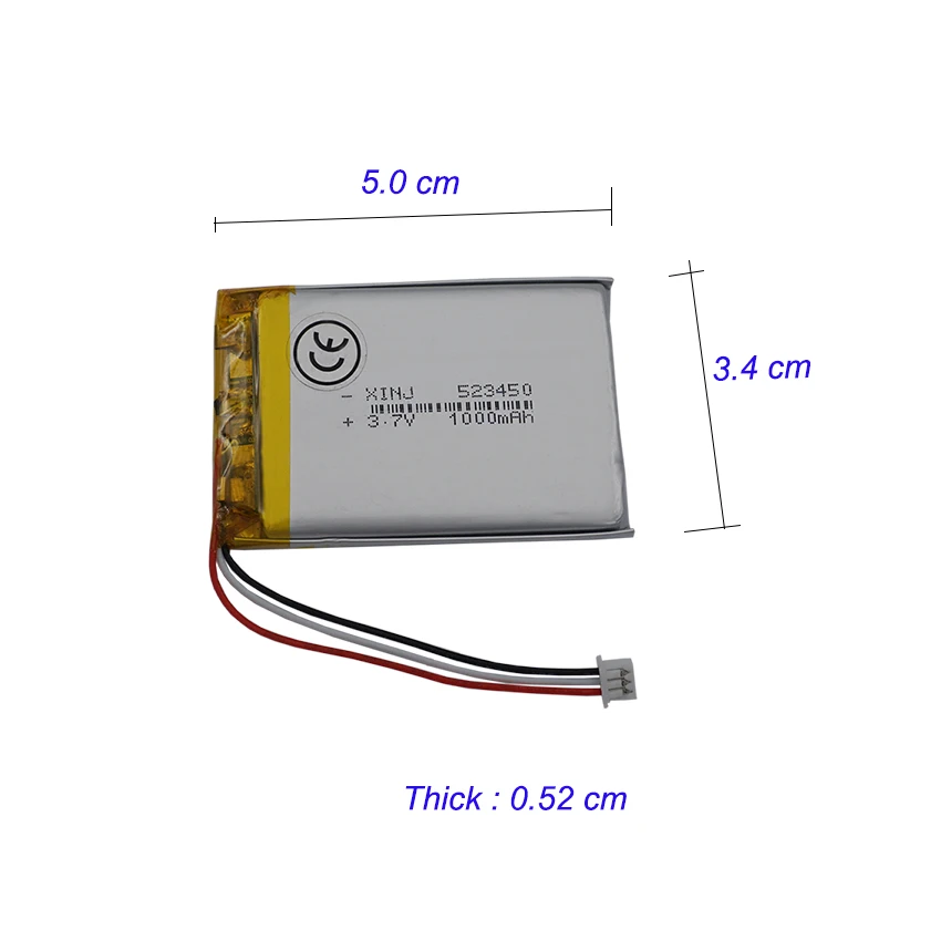 3,7 V 1000mAh 3 Drähte Thermistor Polymer LiPo Li Batterie 523450 JST 3Pin 1,25mm Stecker Für Auto Kamera MID Bluetooth Gerät