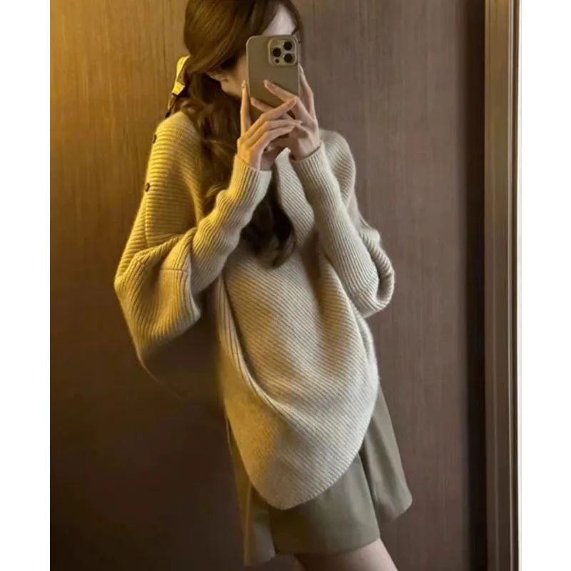 

Thiened Soft High Collar Oversized Sweater Women's Cross-Border Faion Irregular Knitted Long Sve Long Winter Coat