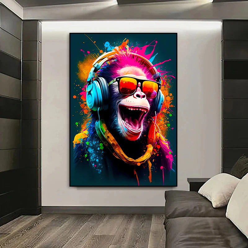 Fun Animal Monkey with Earphones Abstract Pop Art Game Handle Poster and Print Wall Art Canvas Painting for Game Room Home Decor