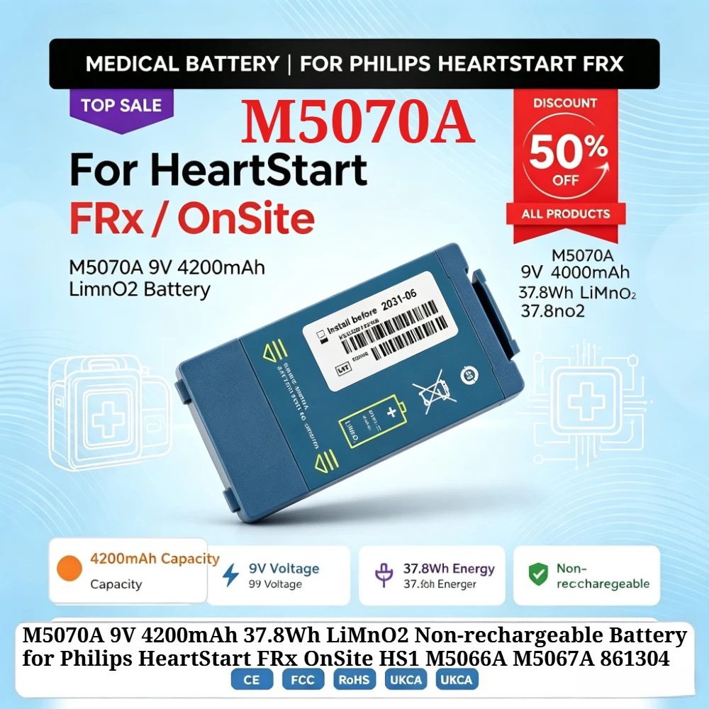 M5070A 9V 4200mAh 37.8Wh LiMnO2 Non-rechargeable Battery for Philips HeartStart FRx OnSite HS1 M5066A M5067A 861304