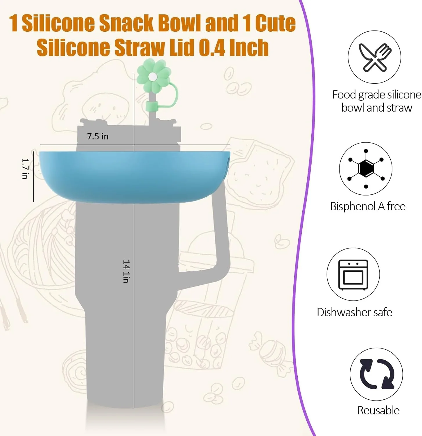 Snack Bowl for Stanley Cup 30oz Compatible with Stanley Quencher H2.0 Tumbler 30oz Reusable Silicone Snack Tray Stanley cup