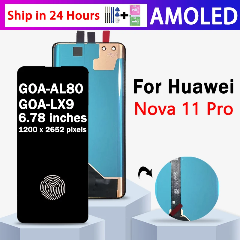 6.78''AMOLED For Huawei nova 11 Pro GOA-AL80 LCD Display Screen+Touch Panel Digitizer For Nova 11 Pro GOA-LX9 Display Frame