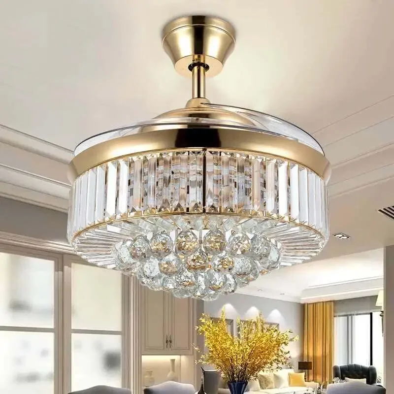 European Crystal Led Fan Light Invisible 42 Inch Silver/Gold Color Fan Light with Remote Control Bedroom Ceiling Fan with Light
