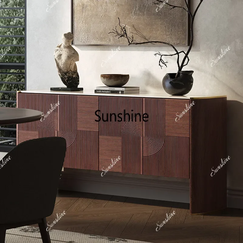 

Medieval marble dining side cabinet light luxury solid wood carving storage lockerTJ