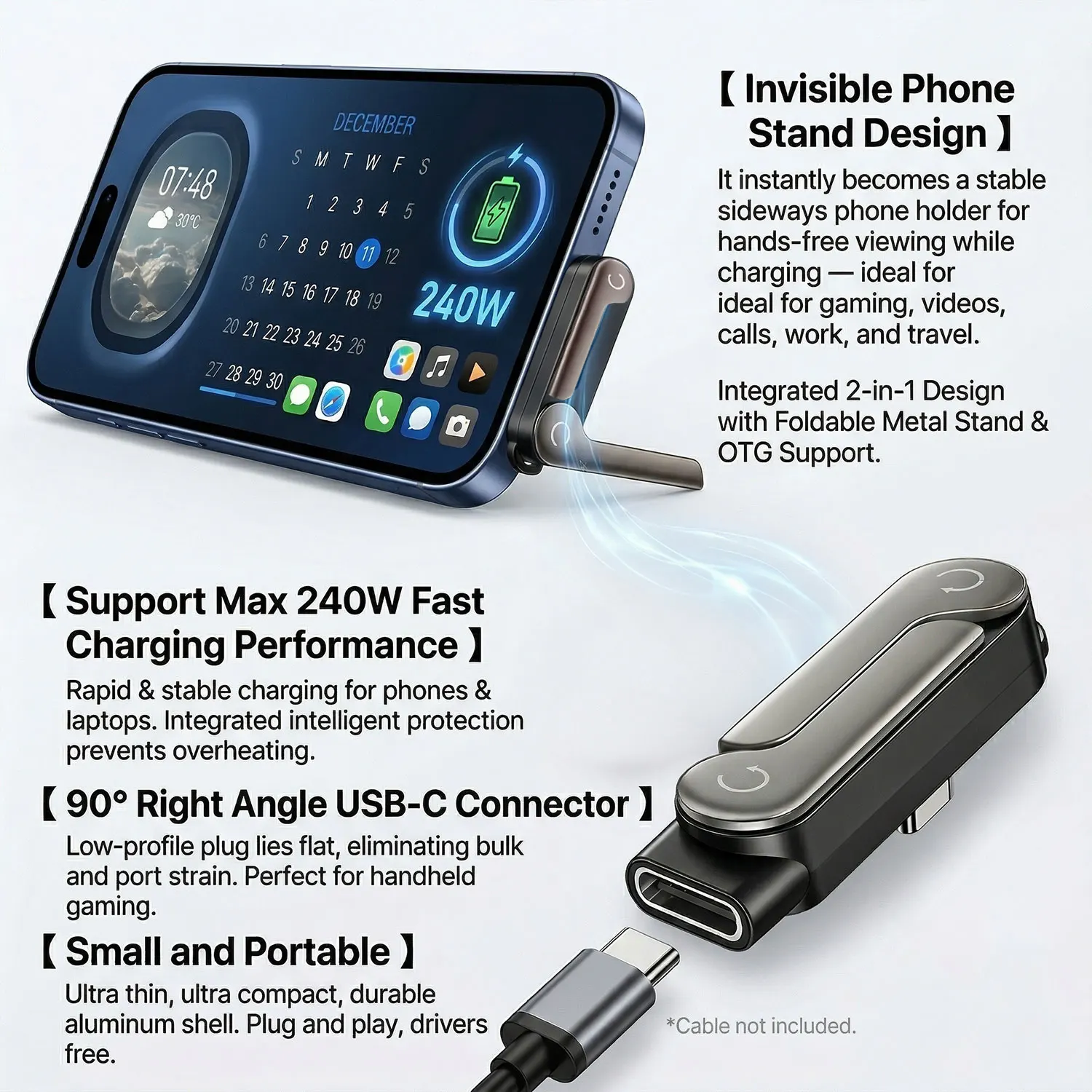 

Адаптер 2 в 1 Type C OTG, 240 Вт, складная подставка для телефона, быстрая зарядка PD, кабель для зарядки телефона, Macbook, Samsung, Huawei, Xiaomi