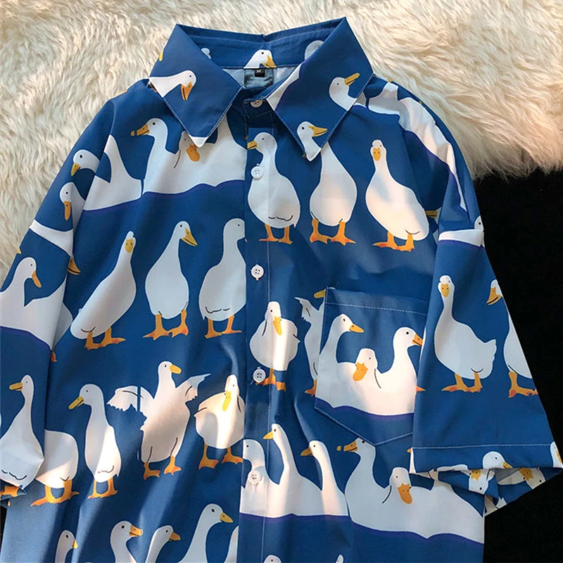 Super Cute Ducks Full Print Beach Shirts Kawaii Teenages Button Up Shirt Men Women Tops Loose Summer Chiffon Comfort Hip Hop Tee