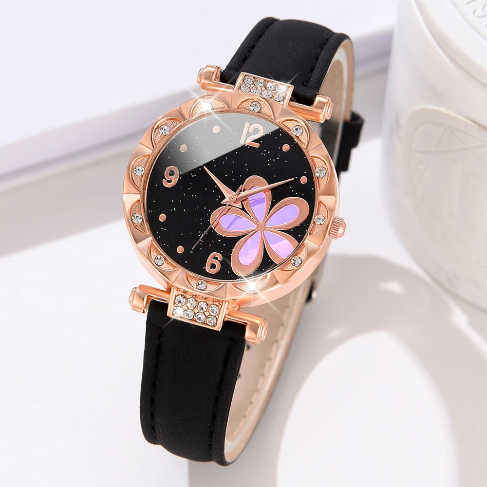 Simple Luxury Flower Element Leather Black Strap Watch Casual Fashion Quartz Watch Is The Perfect Gift For Her (No Box)