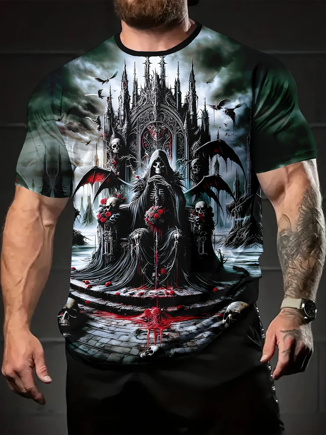 Summer Casual Outdoor Sports Short-sleeved T-shirt with 3D Skull Throne Print, Suitable for Outdoor Activities and Home Leisure