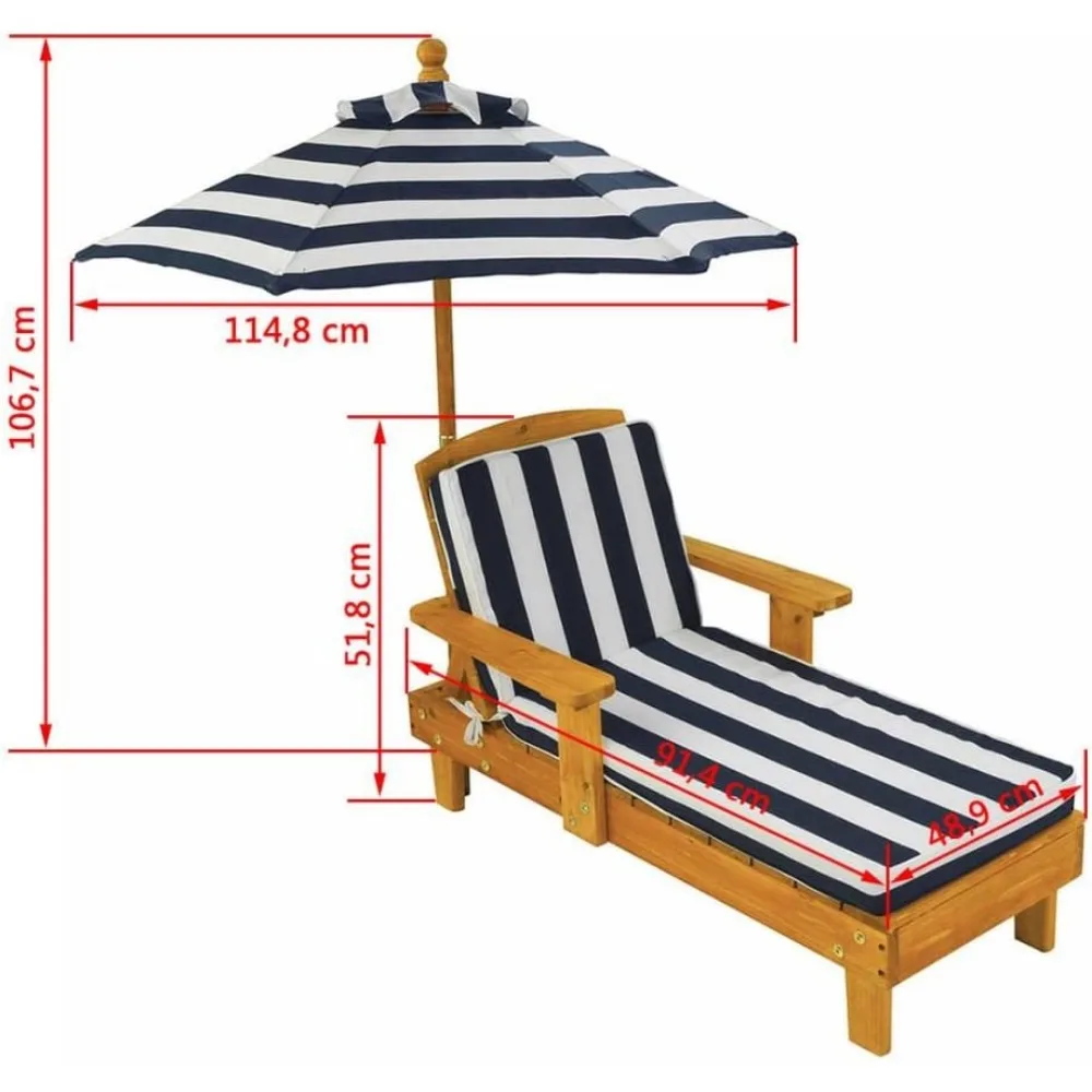 KidKraft Outdoor Wooden Chaise Lounge, Backyard Furniture, Chair with Umbrella and Cushion, for Kids or Pets, Navy and White