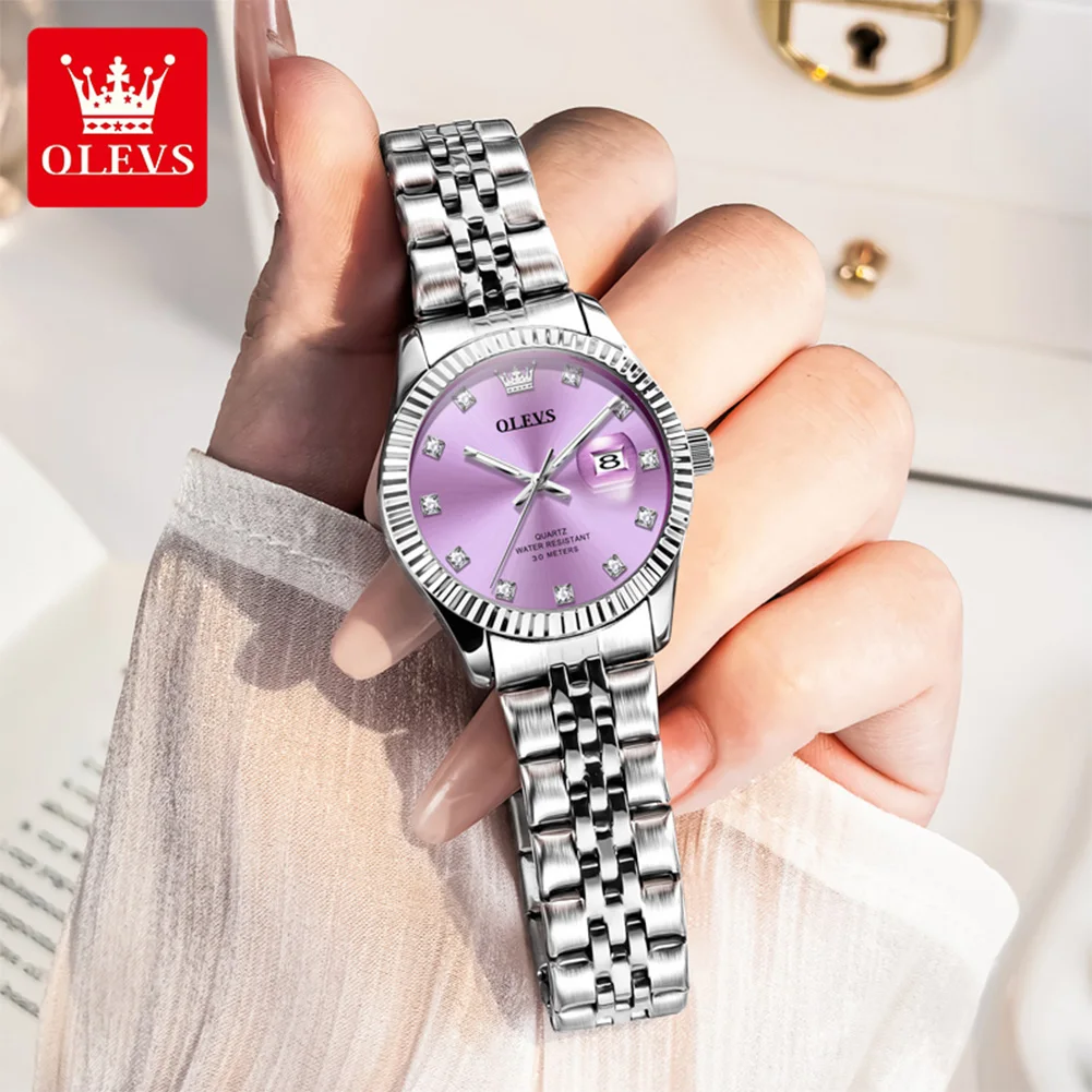 OLEVS Brand Elegant Fashion Luxury Design Women's Quartz Watch Original Stainless Steel Waterproof Calendar Watches for Women