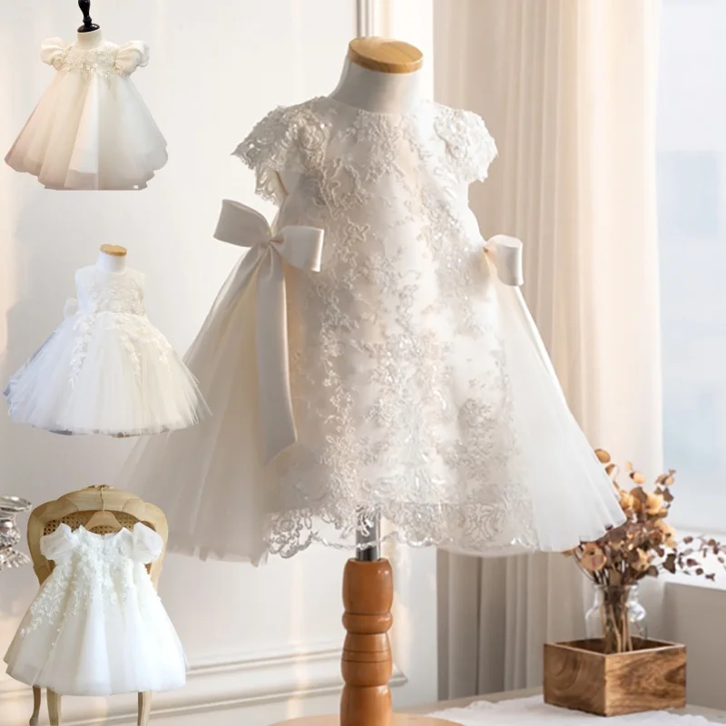 Cute Applique Puffy With Bow Flower Girl Dresses White Tulle Kids Baby Pageant Birthday Party For Wedding Dress Ball Gowns