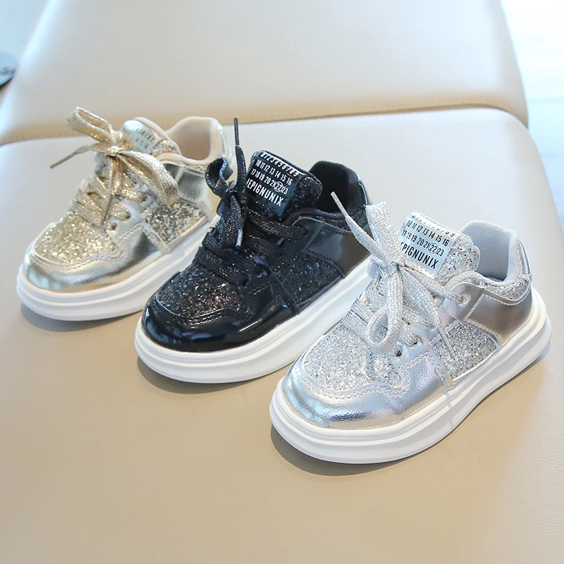 Girls Gold Sequins Platform Sneakers Autumn Fashion Casual Sports Shoes Thick Bottom Vulcanized Shoes Kids Flats Heels Shoes