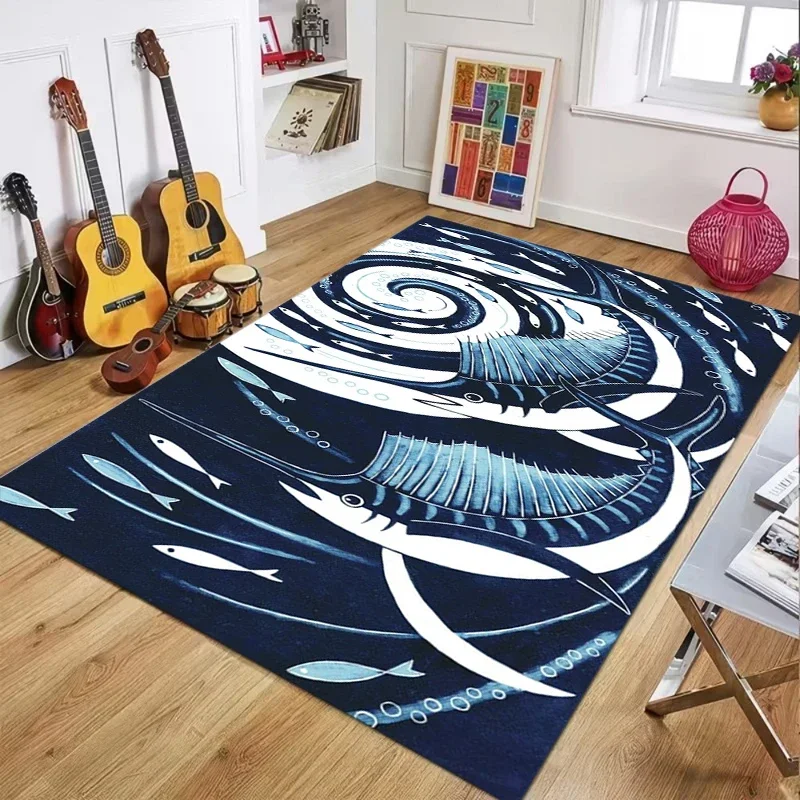 Blue Ocean Marlin Swordfish Art Carpet Rug Sea Life Pattern Mat Home Decoration Marine Animal Design Non-Slip Floor Decor