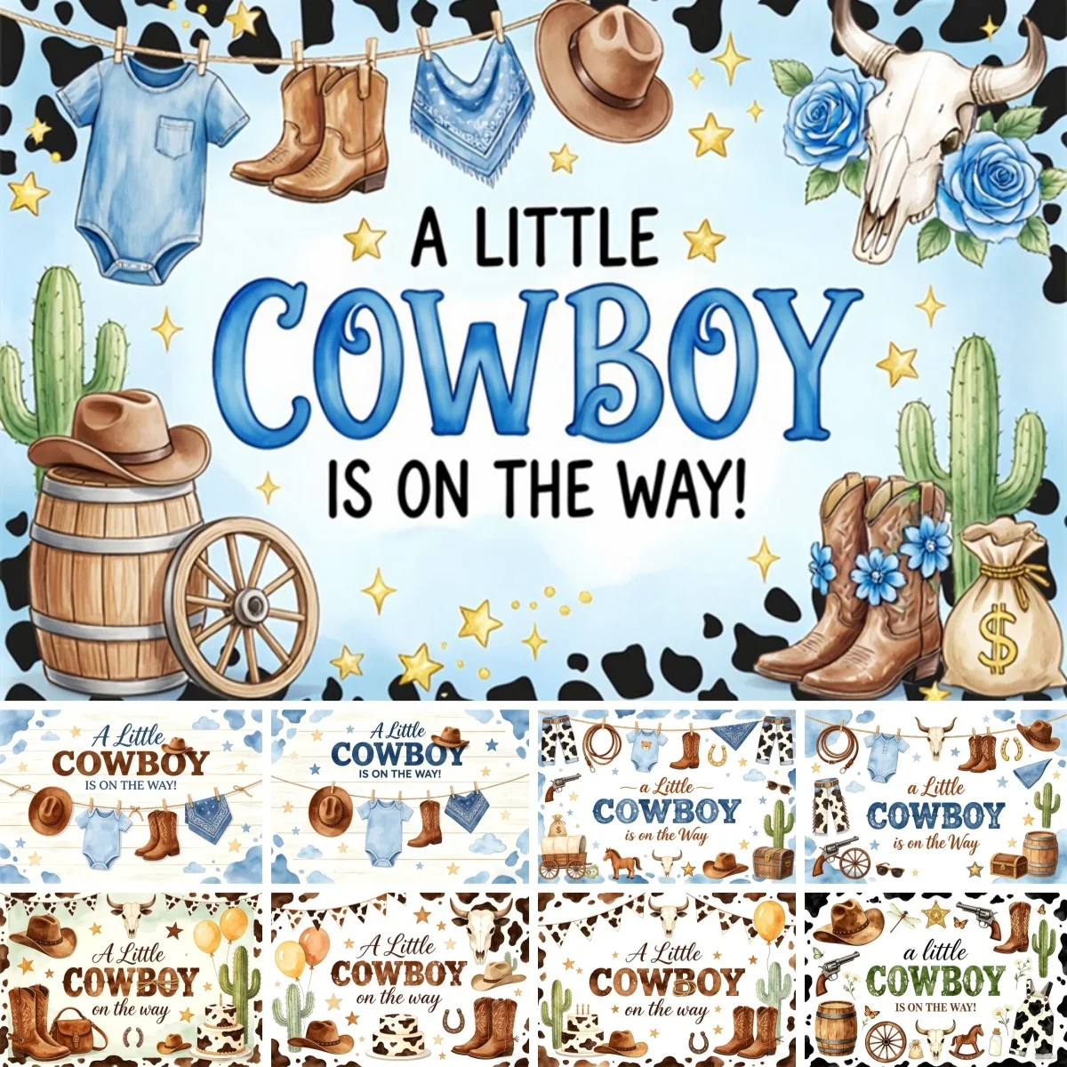 Western Farm Photography Backdrop Newborn Boy Swaddle Romper Boots Straw Hat Cactus Cowboy Birthday Party Decor Photo Background