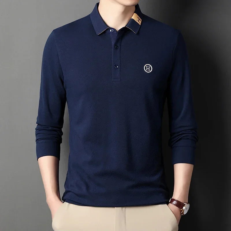 

New Men's Casual Embroidery Long Sleeve Polo Shirt Fashion Solid Color Top