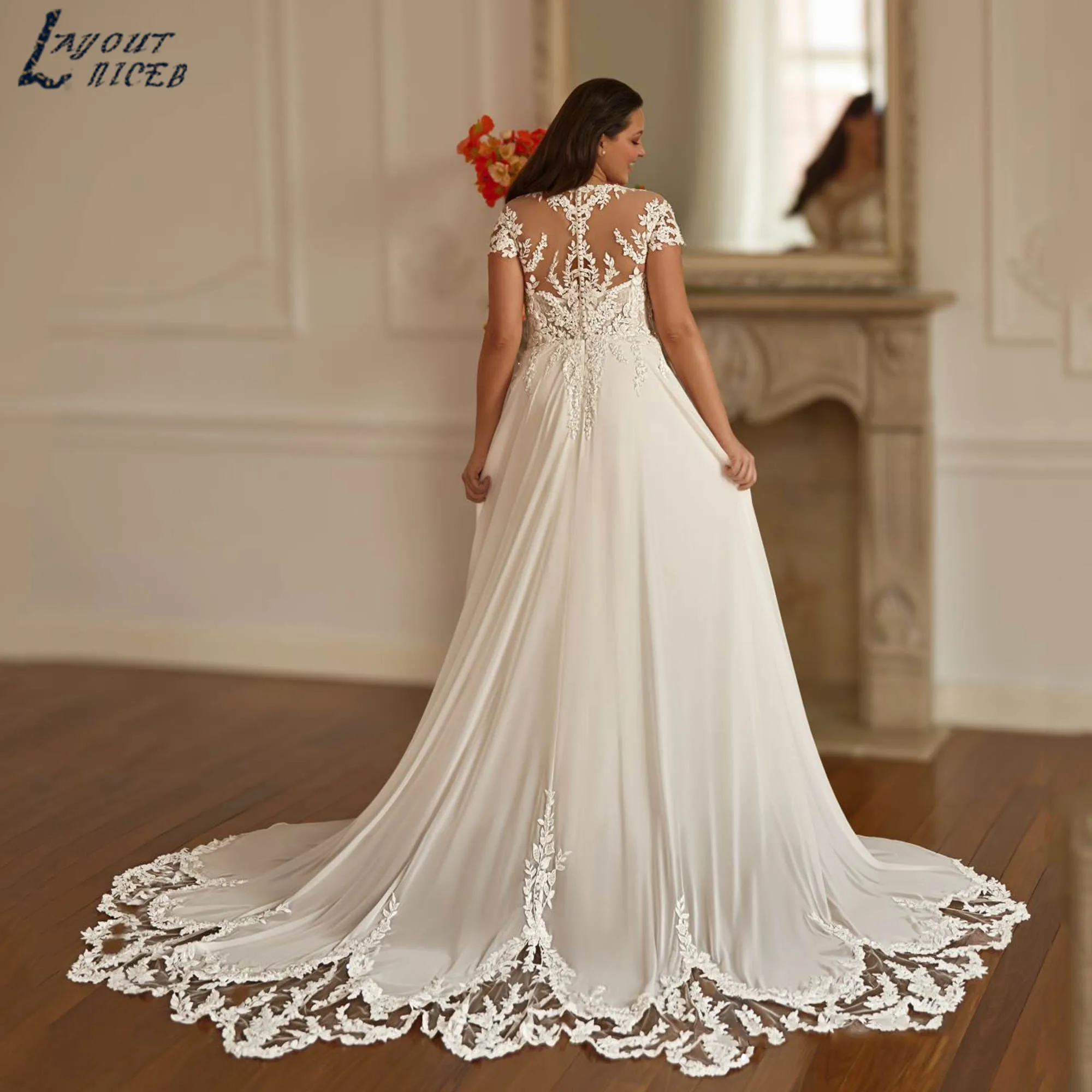 Luxurious Classic A-line Wedding Dress Short Sleeves O-neck Bridal Gown Plus Size Chiffon Appliques vestidos de novia Customized