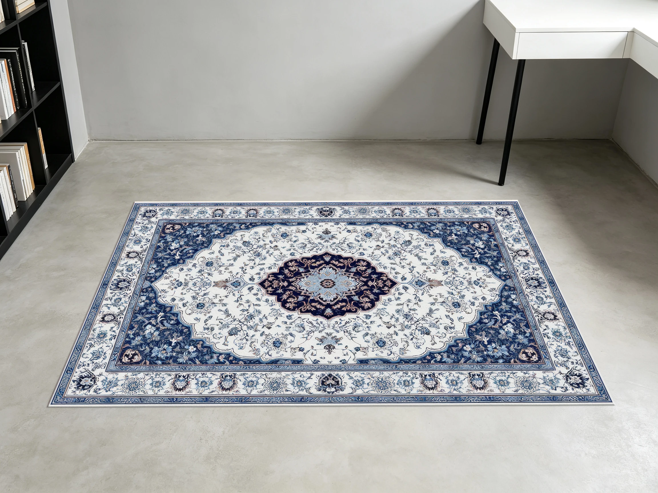 2D Large Rug in Blue & Beige Color Scheme, European Retro Persian Pattern, Soft & Comfortable, Suitable for Living Room