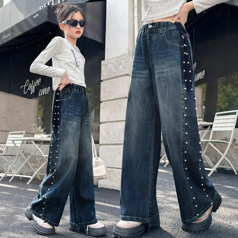 

Spring Autumn Kids Jeans with Pearls on the Side for Teens Girl Casual Denim Pants Children Elastic Waist Korean Pearl Trousers