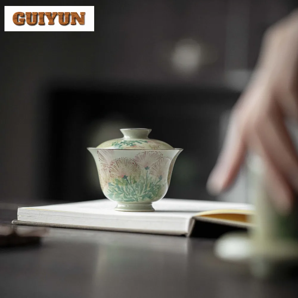 100ml Hand-painted Dandelion Gaiwan Boutique Underglaze Color Literati Tea Tureen Chinese Tea Brewing Cover Bowl Cafes Ornaments