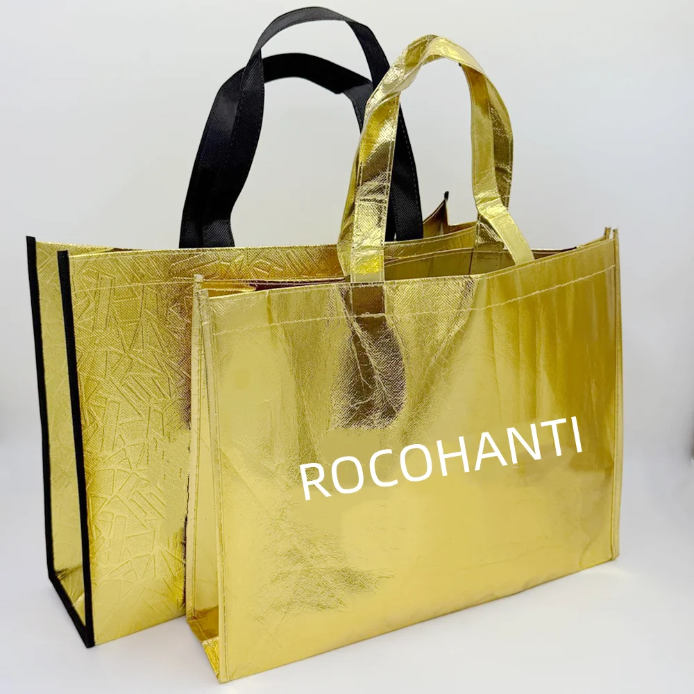50X قابلة لإعادة الاستخدام شعار مخصص مطبوعة محبوكة فاخرة للمتسوقين حقيبة كبيرة الذهب لامع شنطة هدايا PP غير المنسوجة البقالة حقيبة تسوق