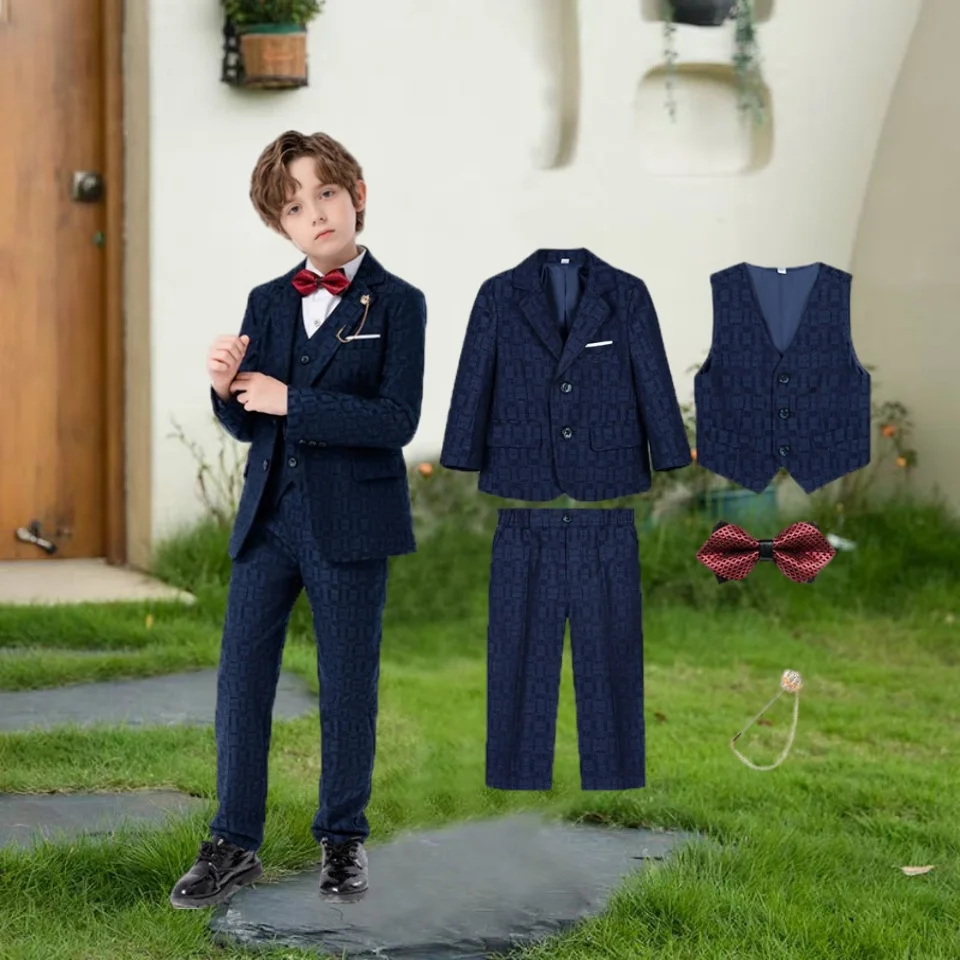 Kids Luxurious 5Pieces/Set Jacket Vest Pants Bowtie Brooch Photography Suit Boys Performance Dress Children Birthday Costume