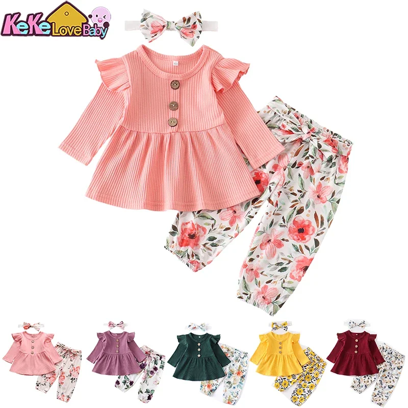 Conjunto de roupas para bebês recém-nascidos, tricô sólido, manga comprida, tops, calças com estampa floral, faixa de cabeça, 3 peças, roupas casuais infantis