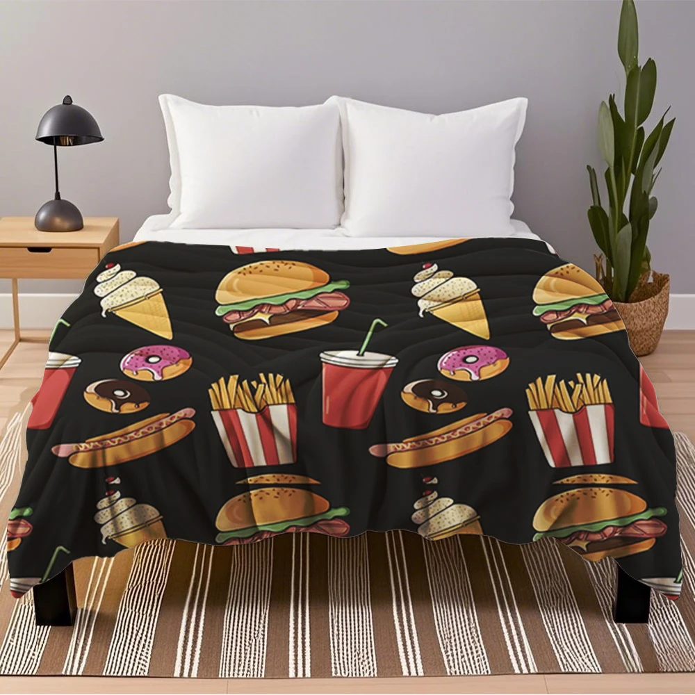 Fast food pattern black Blanket blanket fluffy: comforter blanket, blanket for winter, bedroom stuff, peluches