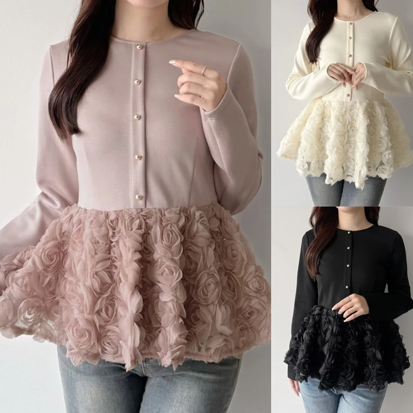 Elegant Korean Style Long Sleeve Embroidered Petal Patchwork Women's Sweatshirt Puffy Female Top for Autumn Winter